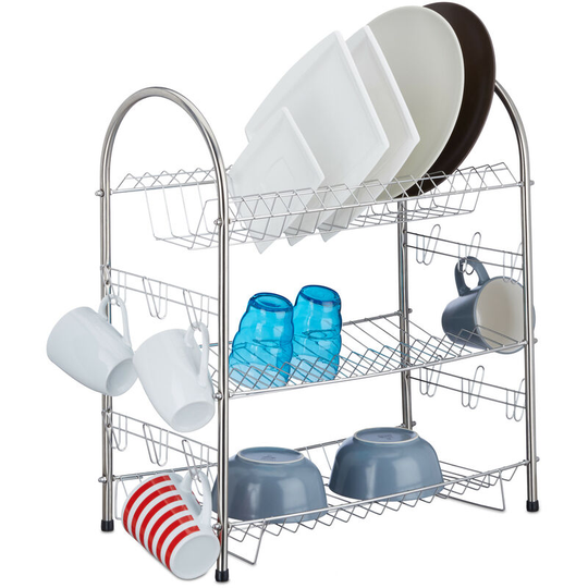 Relaxdays - 3-Tier Dish Drainer, Stainless Steel Dish Rack, Compact, Robust, HxWxD: 55.5 x 49.5 x 24.5 cm, Silver