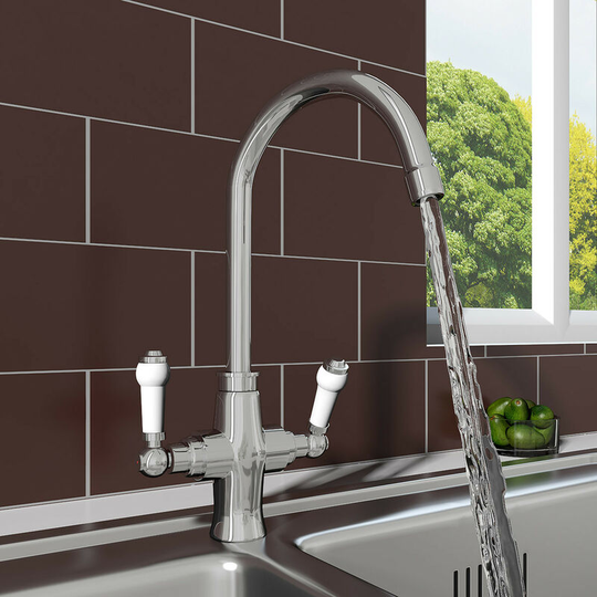 NRG - Traditional Solid Brass Tap Dual Twin Lever Swivel Kitchen Sink Mixer Faucet