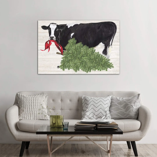 'Christmas on The Farm II - Cow with Tree' Painting Print on Canvas