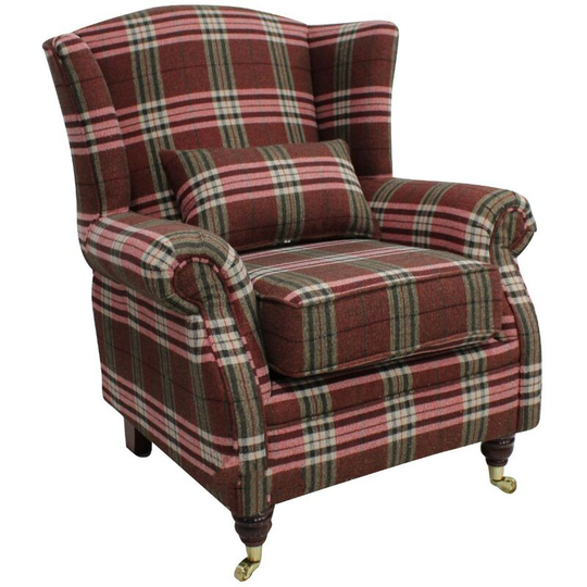 Wing Chair Fireside High Back Armchair Balmoral Red Check Fabric