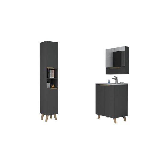 Set Laurent, Wall Cabinet With Mirror + Floor Standing Bathroom Cabinet With Sink + Column