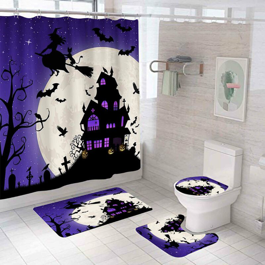 Purple Castle Halloween Shower Curtain Sets, Generic Halloween Bathroom Decor Set 71 inch x 71 inch - Shower Curtain with Mat, Toilet Lid Cover, Bath