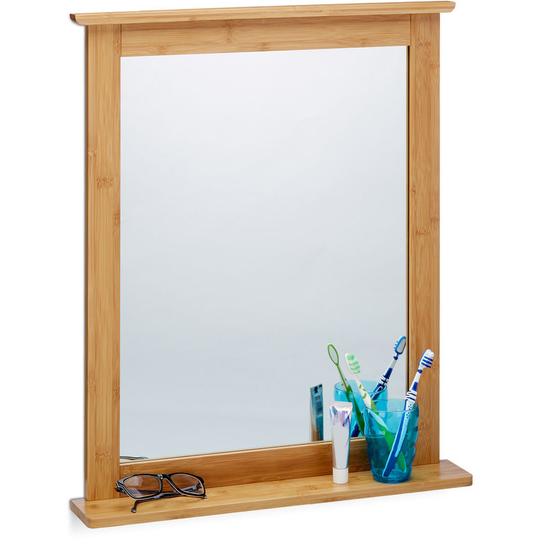 Relaxdays - Bamboo Wall-Mounted Mirror, Bathroom Mirror with Shelf, Hanging Vanity Mirror, for the Living Room and Bathroom, Natural Brown