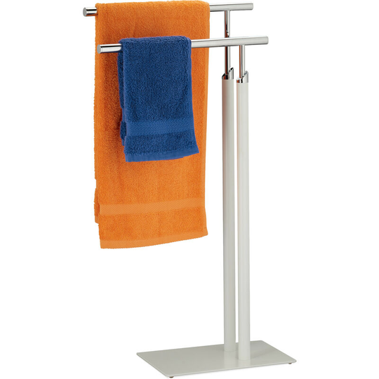 Free-Standing Towel Rack, 2 Rails, HxWxD 78 x 44 x 20 cm, Bathroom Stand, Clothes Valet, Steel, White/Silver - Relaxdays
