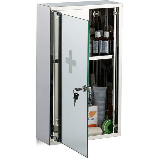 Relaxdays Stainless Steel Medicine Cabinet, Lockable Mirror Door, 2 Compartments, Home Pharmacy, HWD: 50 x 30 x 11 cm, Silver