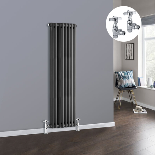 Anthracite 2 Column Traditional Cast Iron Style Radiator with Chrome Angled Cross Head Manual Valves Vertical 1500x380mm