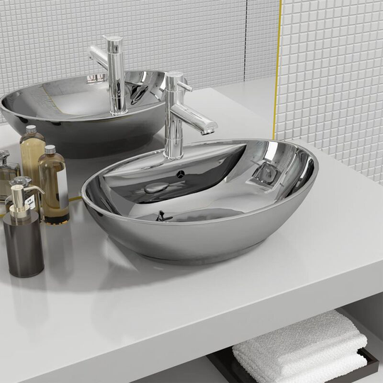 Wash Basin with Overflow 58.5x39x21 cm Ceramic Silver VDTD05388 - Topdeal