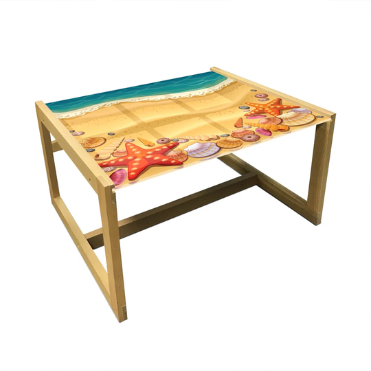 Seashells Coffee Table, Seashells On The Beach Style Coastal Fun Relaxation Waves Shoreline, Acrylic Glass Center Table With Wooden Frame For Offices