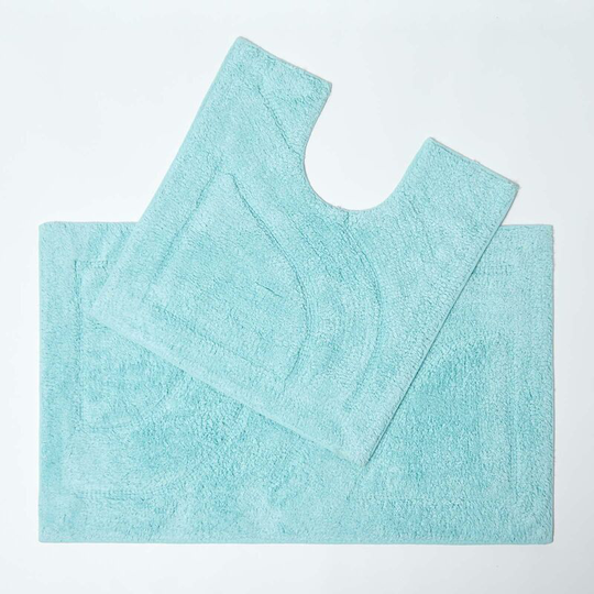 Luxury Two Piece Cotton Aqua Bath Mat Set - Blue - Blue - Blue - Homescapes