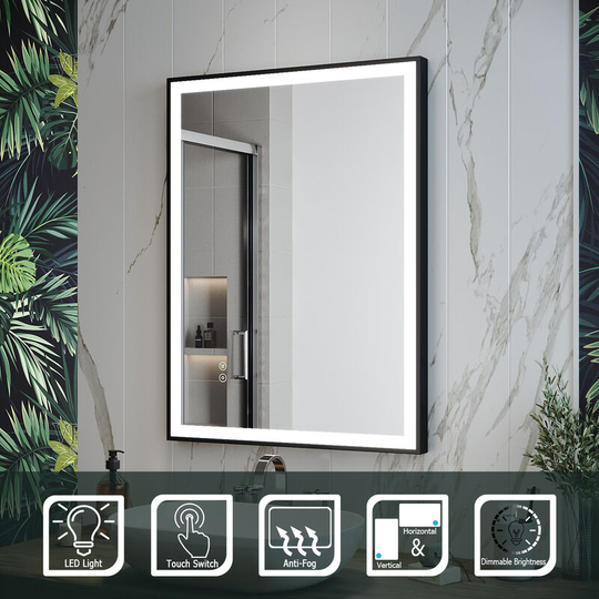 Elegant - Modern led Bathroom Mirror with Sensor Touch Switch, Demester Pad Black Aluminum Frame Horizontal or Vertical Hanging Smart Mirror 800 x