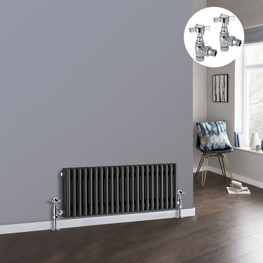 Anthracite 3 Column Traditional Cast Iron Style Radiator with Chrome Angled Cross Head Manual Valves Horizontal 300x1012mm