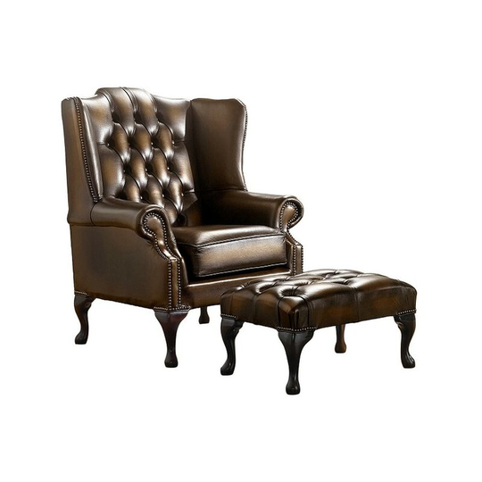Chesterfield Handmade Mallory Flat Wing Back Armchair Antique Tan Leather + Footstool